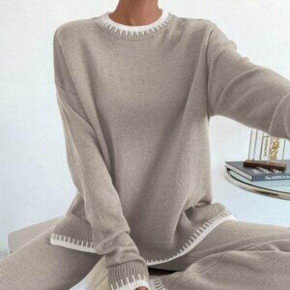 Sweaters - Multicolor Casual Women's Contrast Color Long Sleeve Sweater & Knitted Pants Set